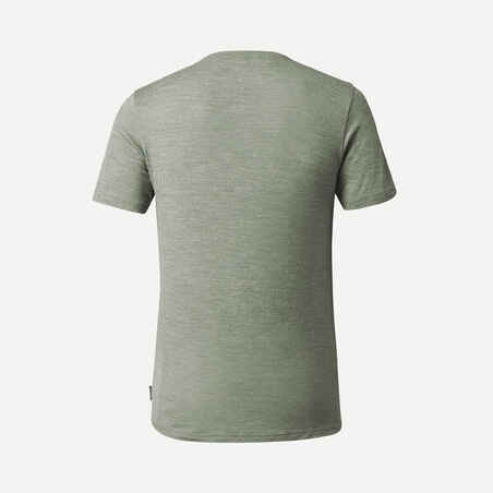 Men’s short-sleeved Merino wool hiking travel t-shirt - TRAVEL 500 khaki