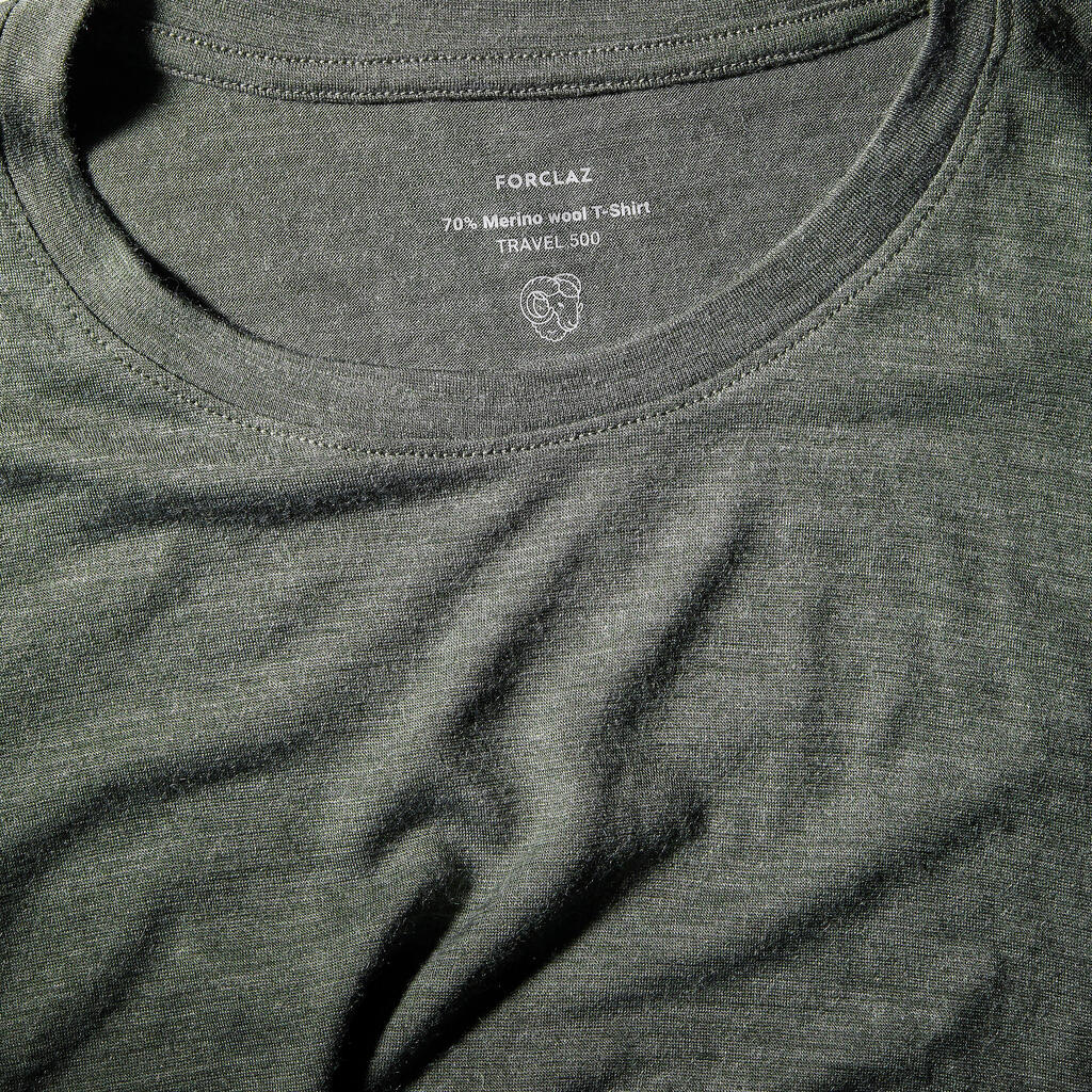Men’s short-sleeved Merino wool hiking travel t-shirt - TRAVEL 500 khaki