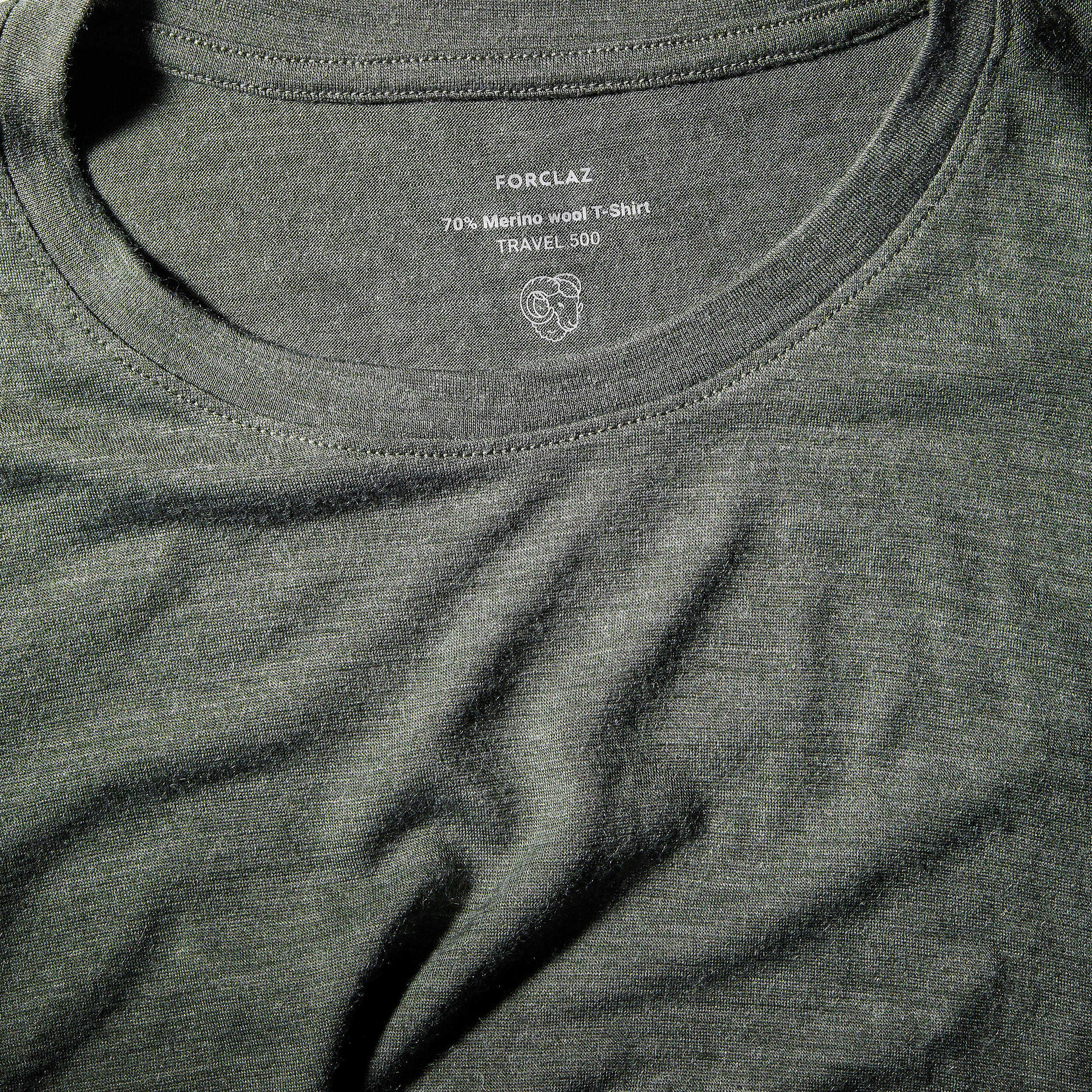 Men’s short-sleeved Merino wool hiking travel t-shirt - TRAVEL 500 khaki 4/6