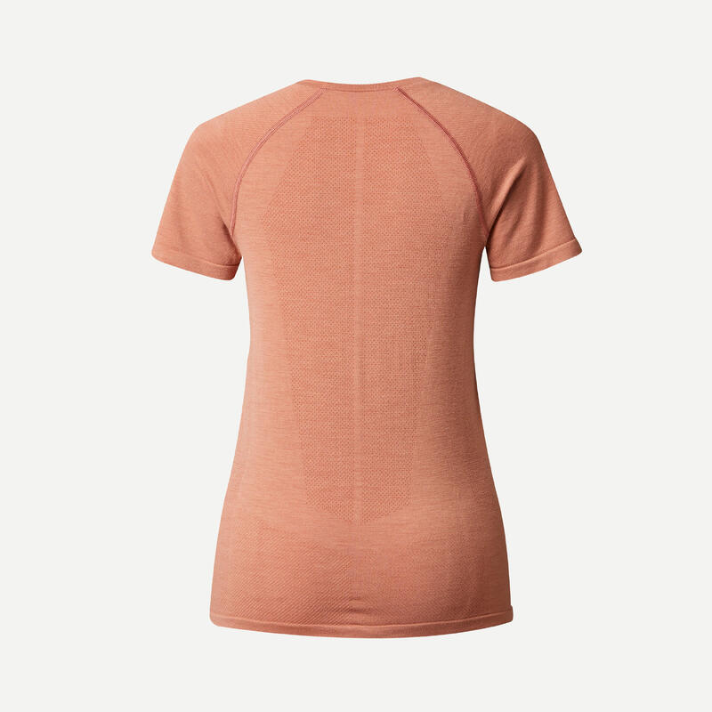 Seamless trekkingshirt met korte mouwen voor dames MT900 merinowol perzikroze