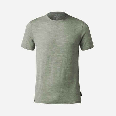 Men’s short-sleeved Merino wool hiking travel t-shirt - TRAVEL 500 khaki