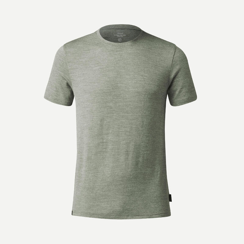 T-shirt de trek voyage manches courtes laine mérinos Homme - TRAVEL 500 kaki