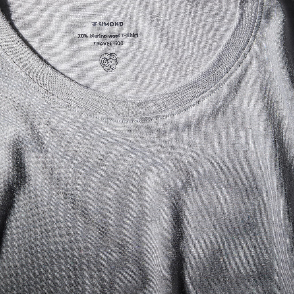 Men’s short-sleeved Merino wool hiking travel t-shirt - TRAVEL 500 grey