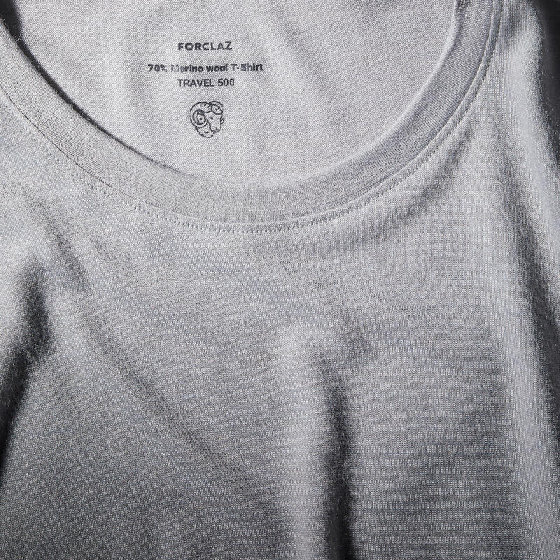 T-shirt lã merino de trekking viagem - TRAVEL 500 Cinzento Homem