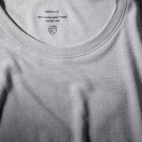 חולצת טישרט טיולים עם שרוולים קצרים מצמר מרינו לגברים - TRAVEL 500 - אפור