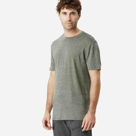 Kaki zelena moška pohodniška majica s kratkimi rokavi iz merino volne TRAVEL 500