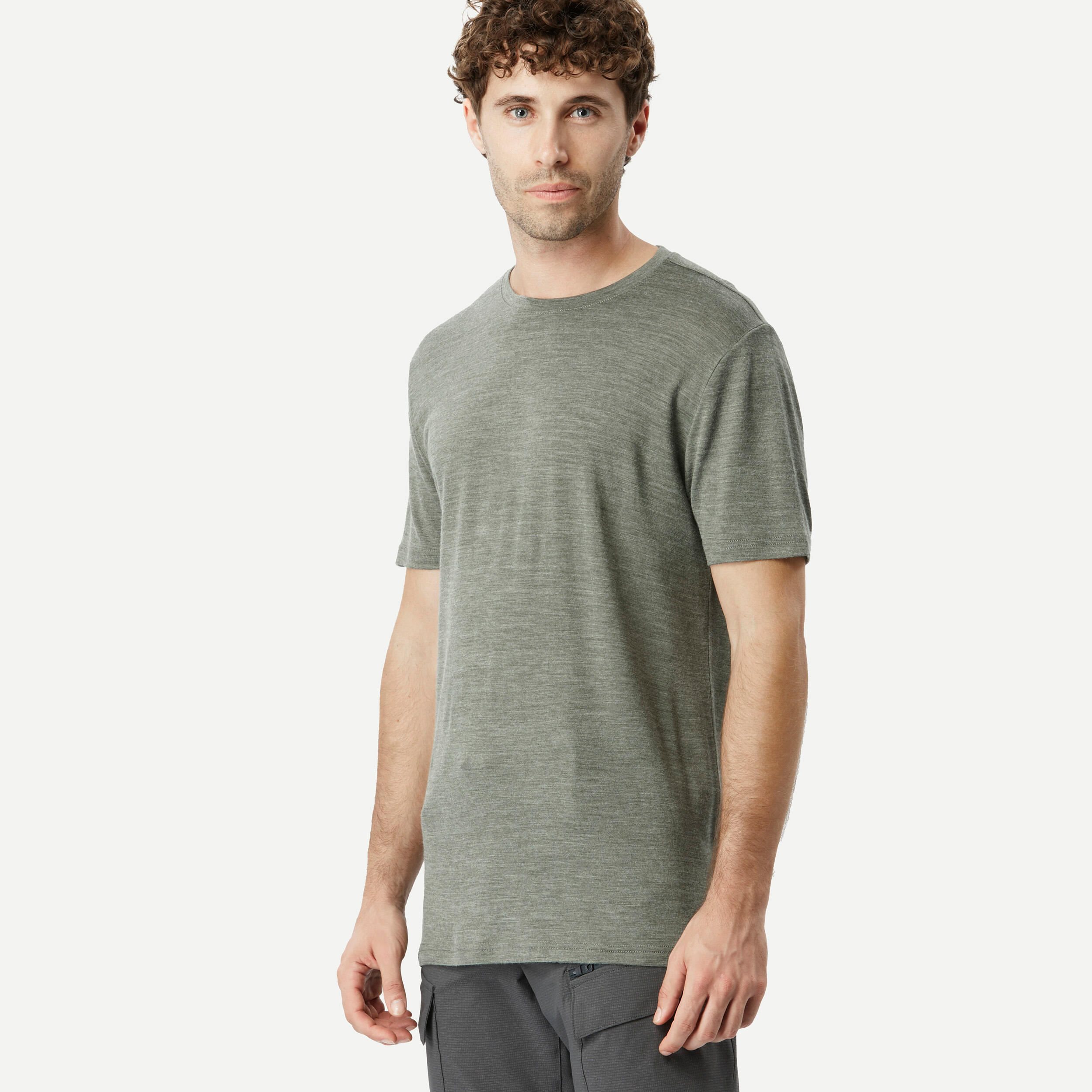 Men's short-sleeved merino wool trekking T-shirt - TRAVEL 500 khaki