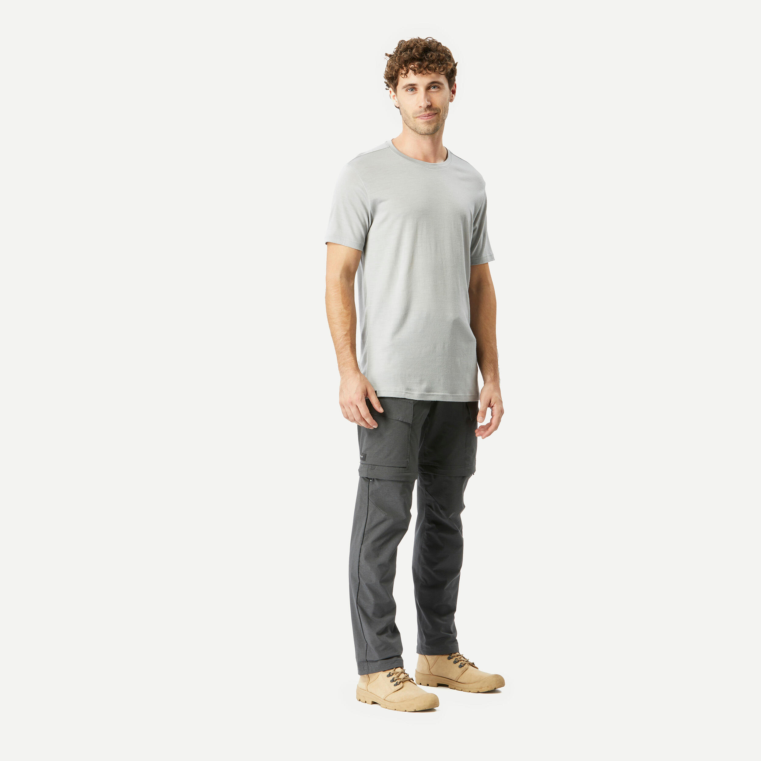 Men’s short-sleeved Merino wool hiking travel t-shirt - TRAVEL 500 grey 3/6