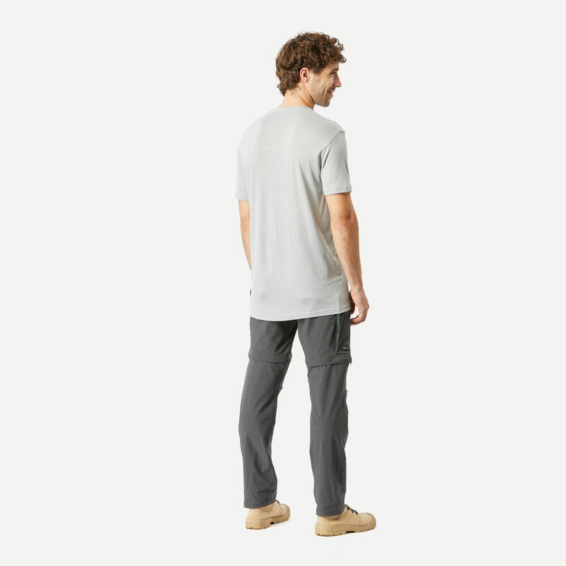 T-shirt de trek voyage manches courtes laine mérinos Homme - TRAVEL 500 gris