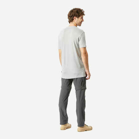 חולצת טישרט טיולים עם שרוולים קצרים מצמר מרינו לגברים - TRAVEL 500 - אפור