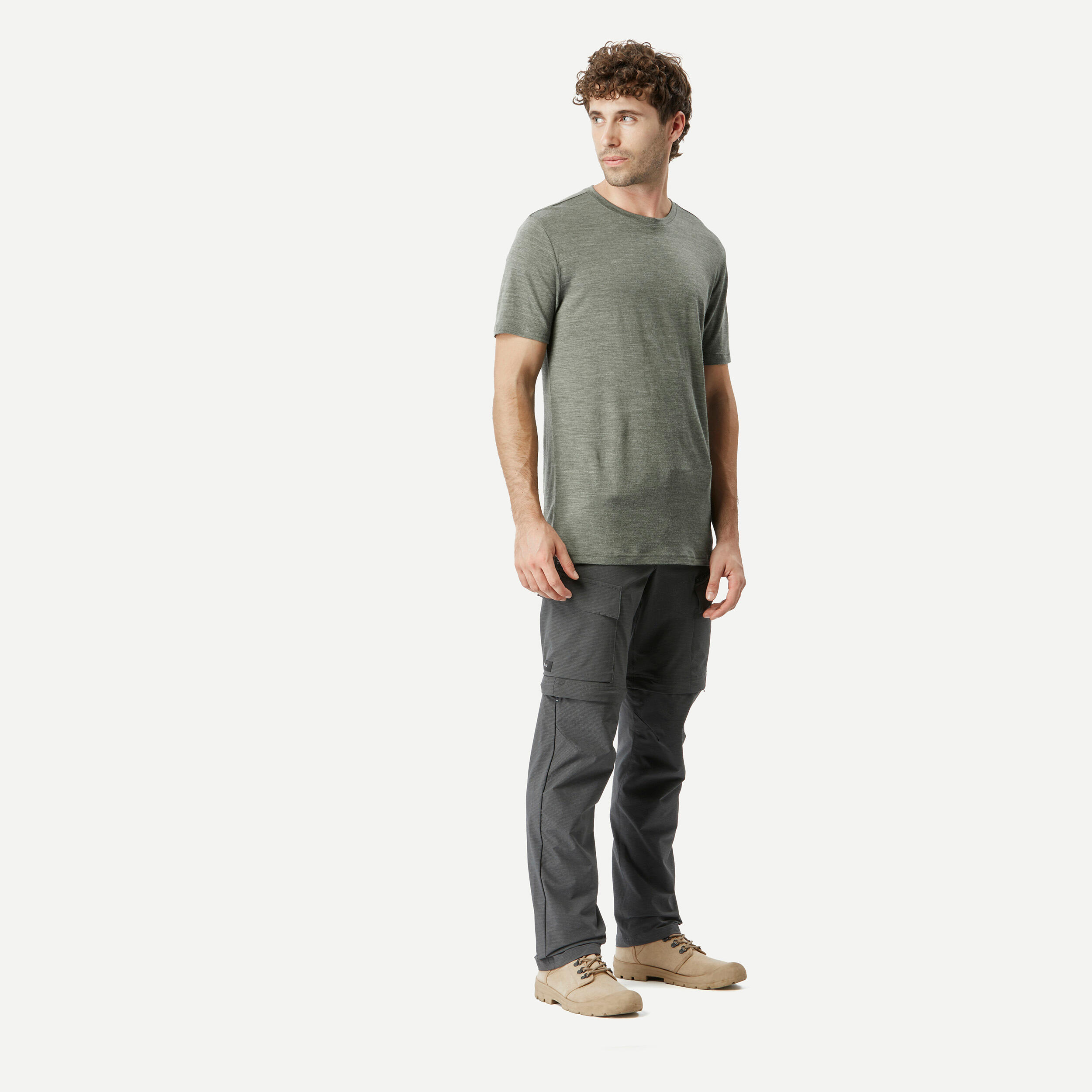 Men’s short-sleeved Merino wool hiking travel t-shirt - TRAVEL 500 khaki 2/6