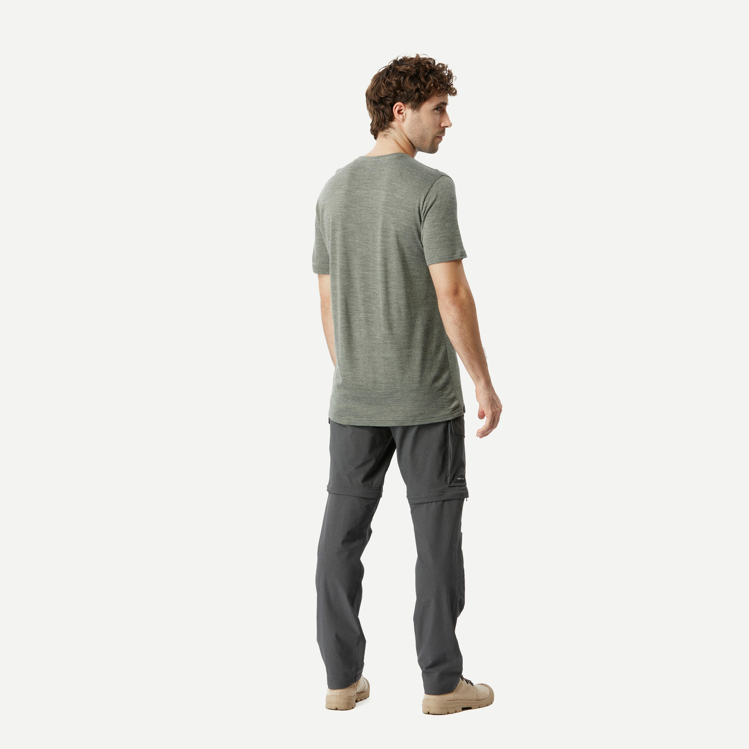 Men’s short-sleeved Merino wool hiking travel t-shirt - TRAVEL 500 khaki 3/6