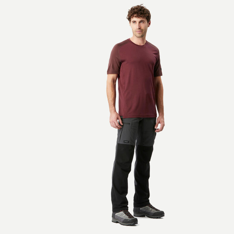 T-shirt lana merinos trekking uomo MT500 WOOL bordeaux