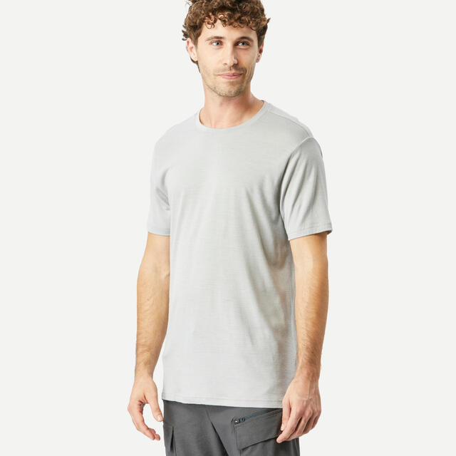 Men’s short-sleeved Merino wool hiking travel t-shirt - TRAVEL 500 grey