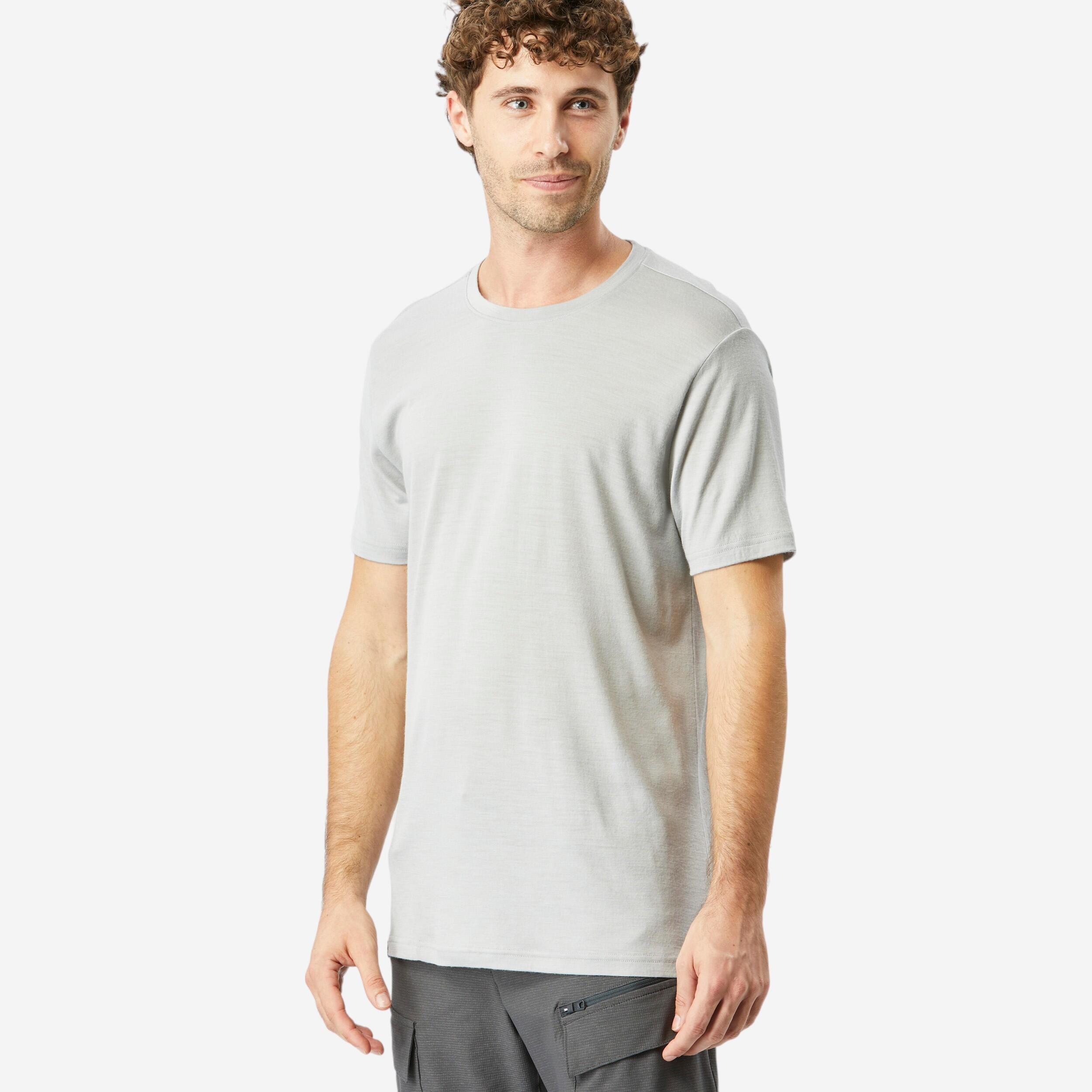 Men's short-sleeved merino wool trekking T-shirt - TRAVEL 500 grey