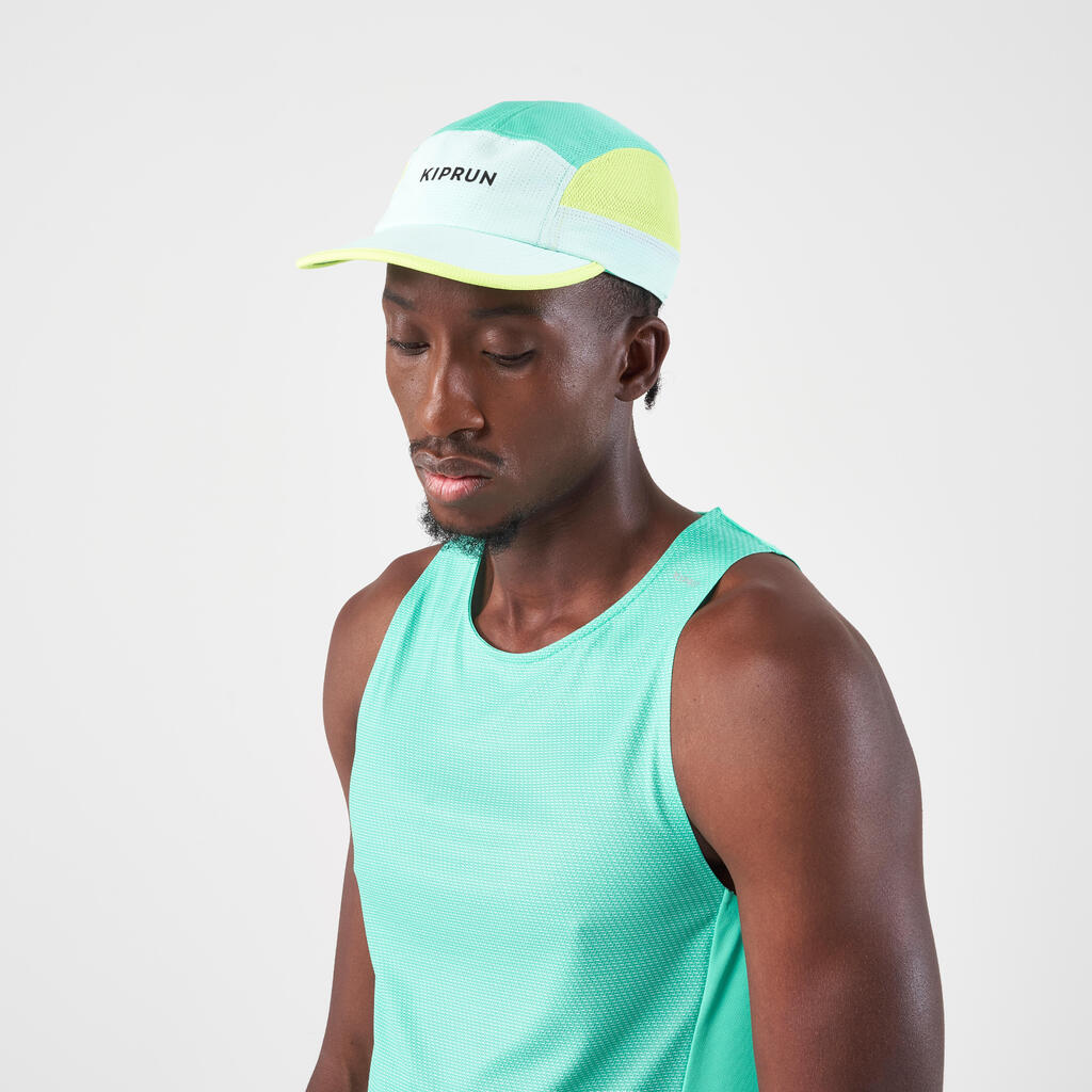 Gorra de running Kiprun 5 piezas Unisex azul turquesa/amarillo
