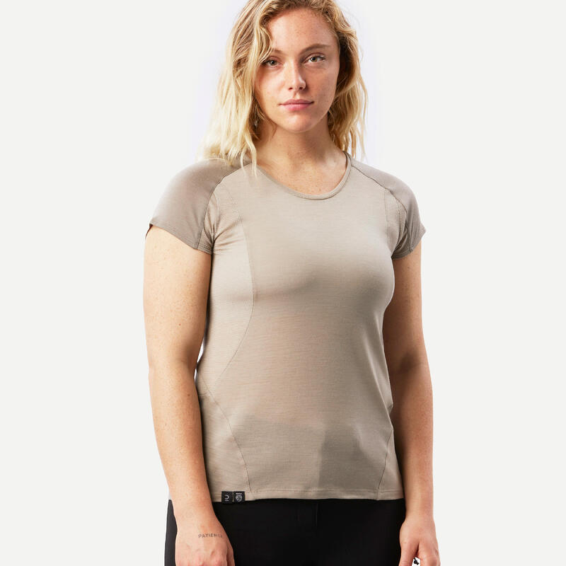 T-shirt de lã merino de Trekking Bege - MT500 - Mulher