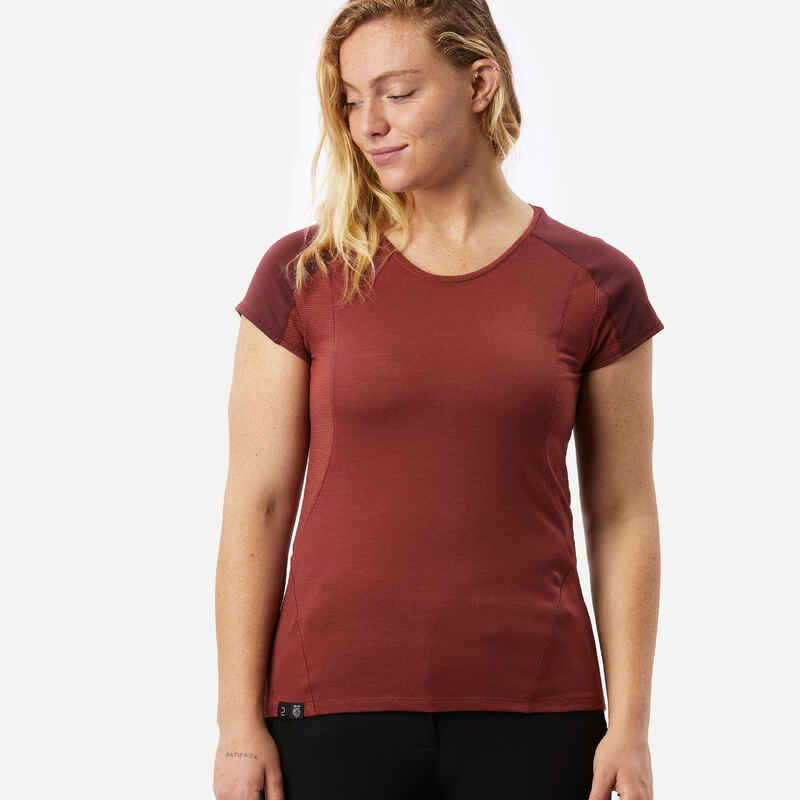 Camiseta de montaña y trekking manga corta lana merino Mujer  MT500