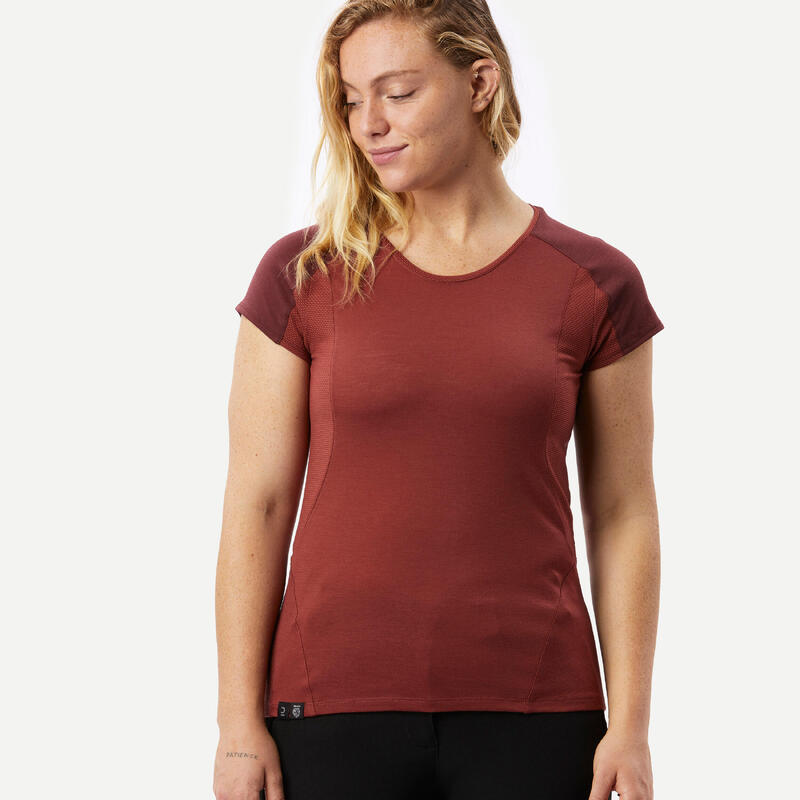 T-shirt lana merinos trekking donna MT500 WOOL rosso mattone