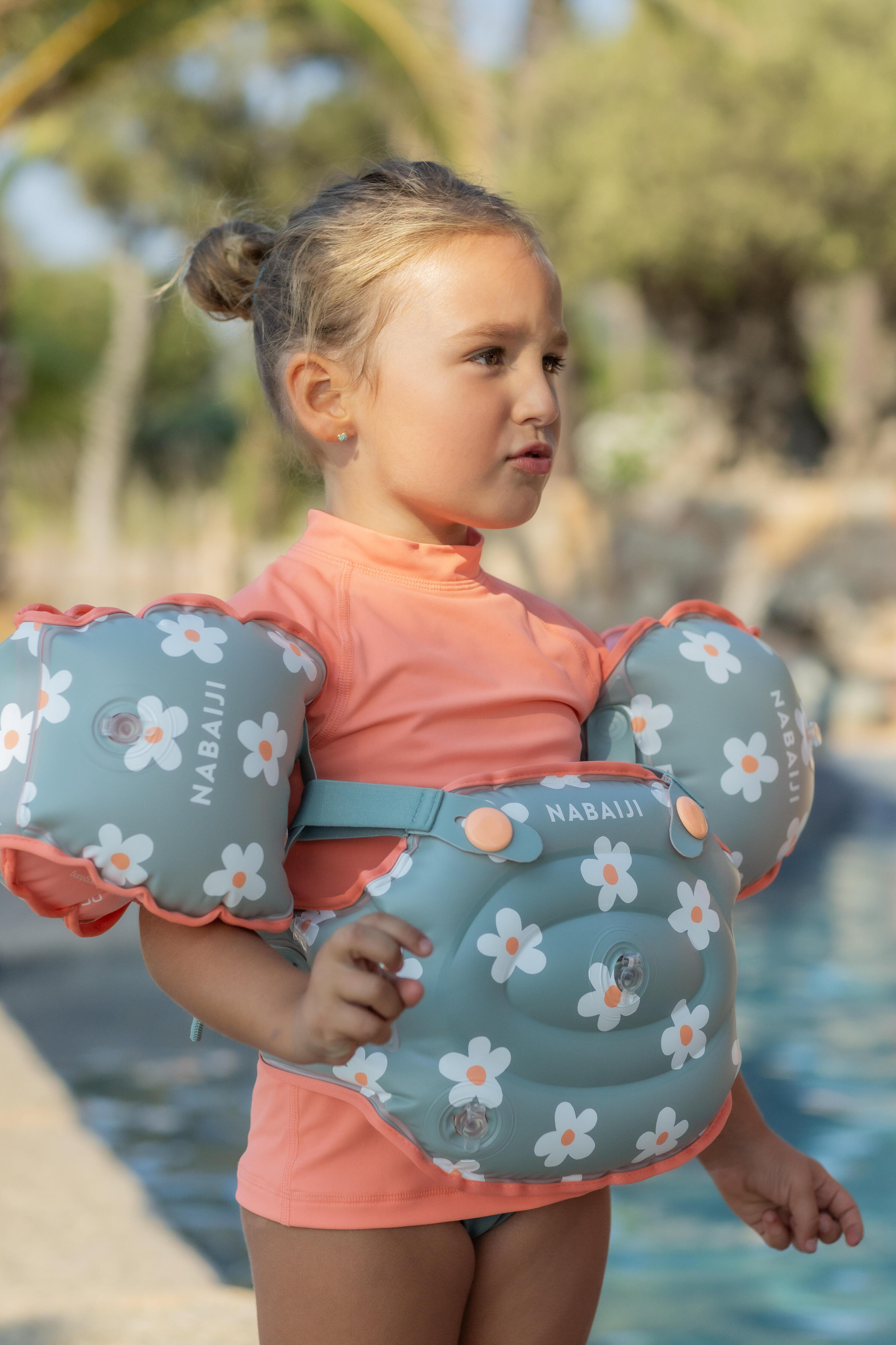 Brassards De Piscine Evolutif Enfant - Tiswim print fleurs kaki 17/19
