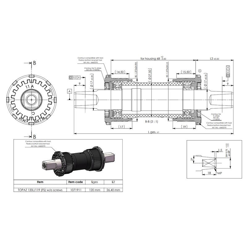 Monobloc pedalier THUN TOPAZ 119mm fără șurub