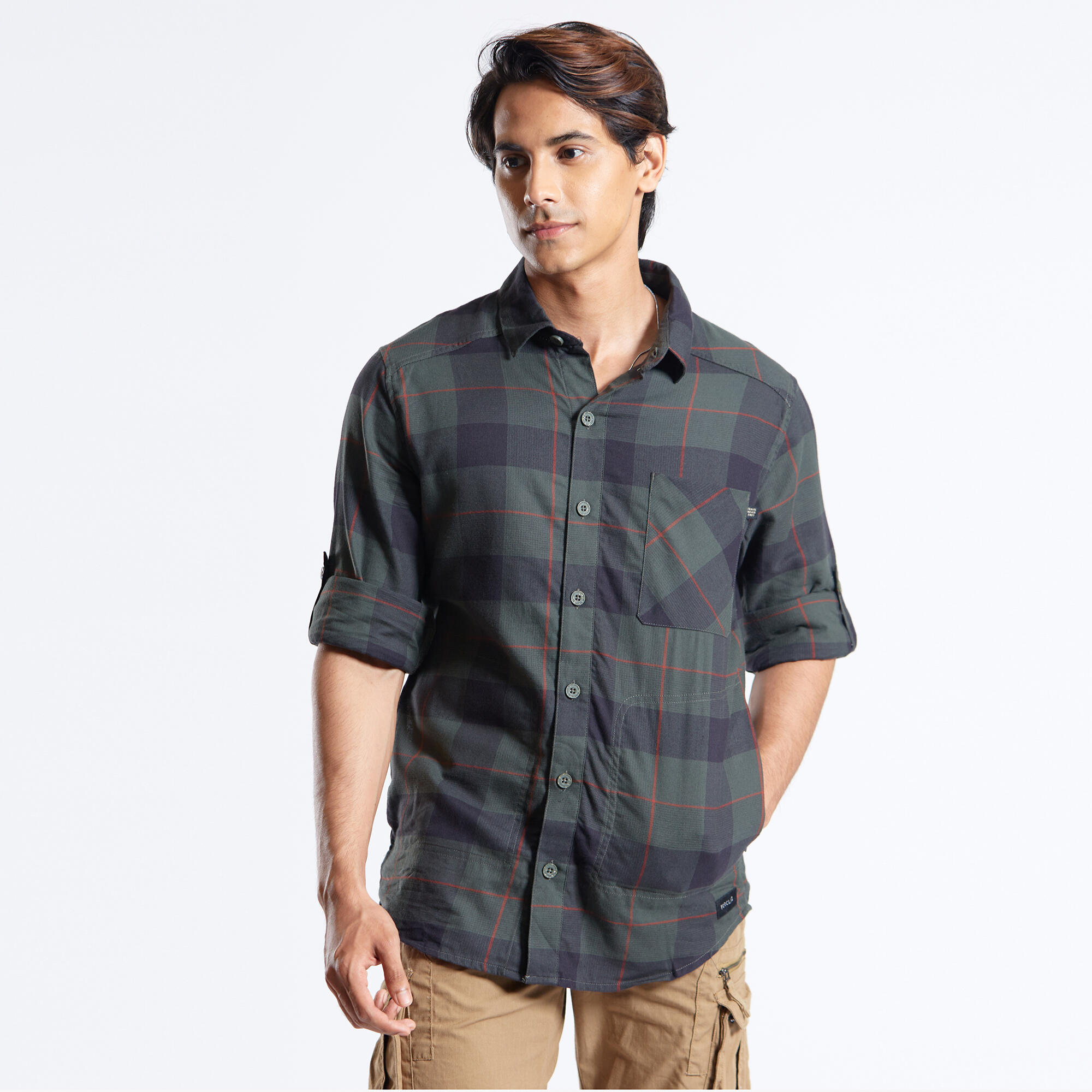 Men Checked Full Sleeve Light Flannel Shirt Dark Green - Travel 500