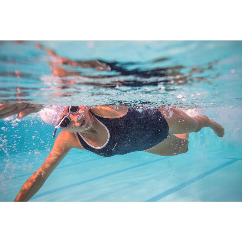 Kadın V Sırt Kesim Detaylı Yüzücü Mayosu - Mavi/Beyaz - Kamyla 500