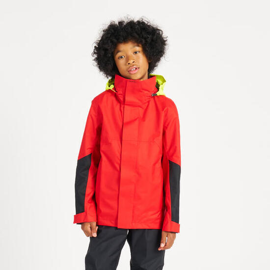 Veste de quart imperméable coupe-vent de voile enfant sailing 500 rouge jaune