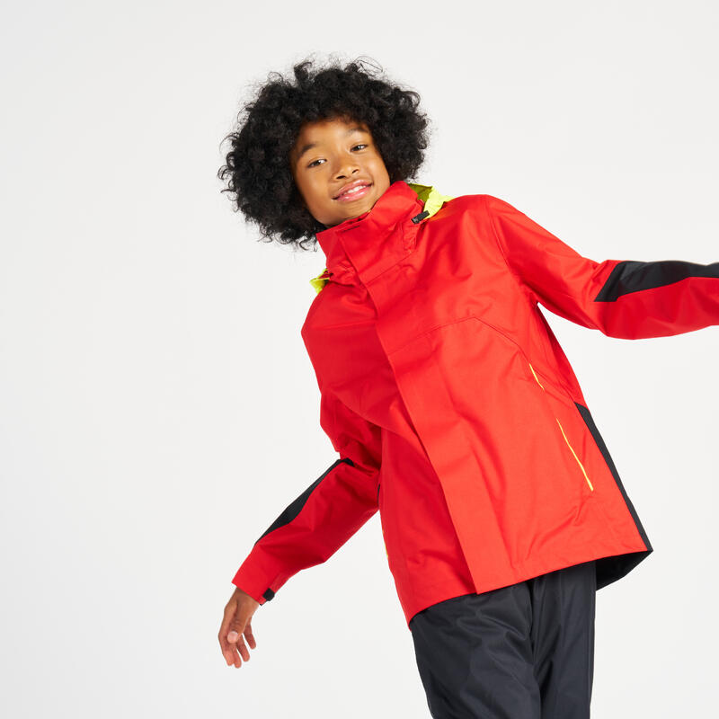 Veste de quart imperméable coupe-vent de voile Enfant SAILING 300 Rouge jaune