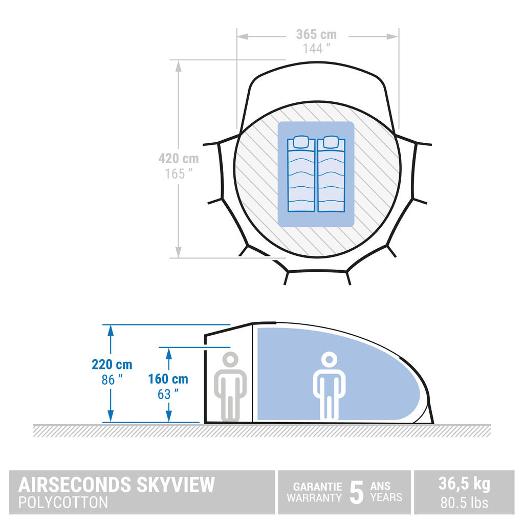 Bublinový kempingový stan AirSeconds Skyview Polycoton pre 2 osoby s 1 spálňou