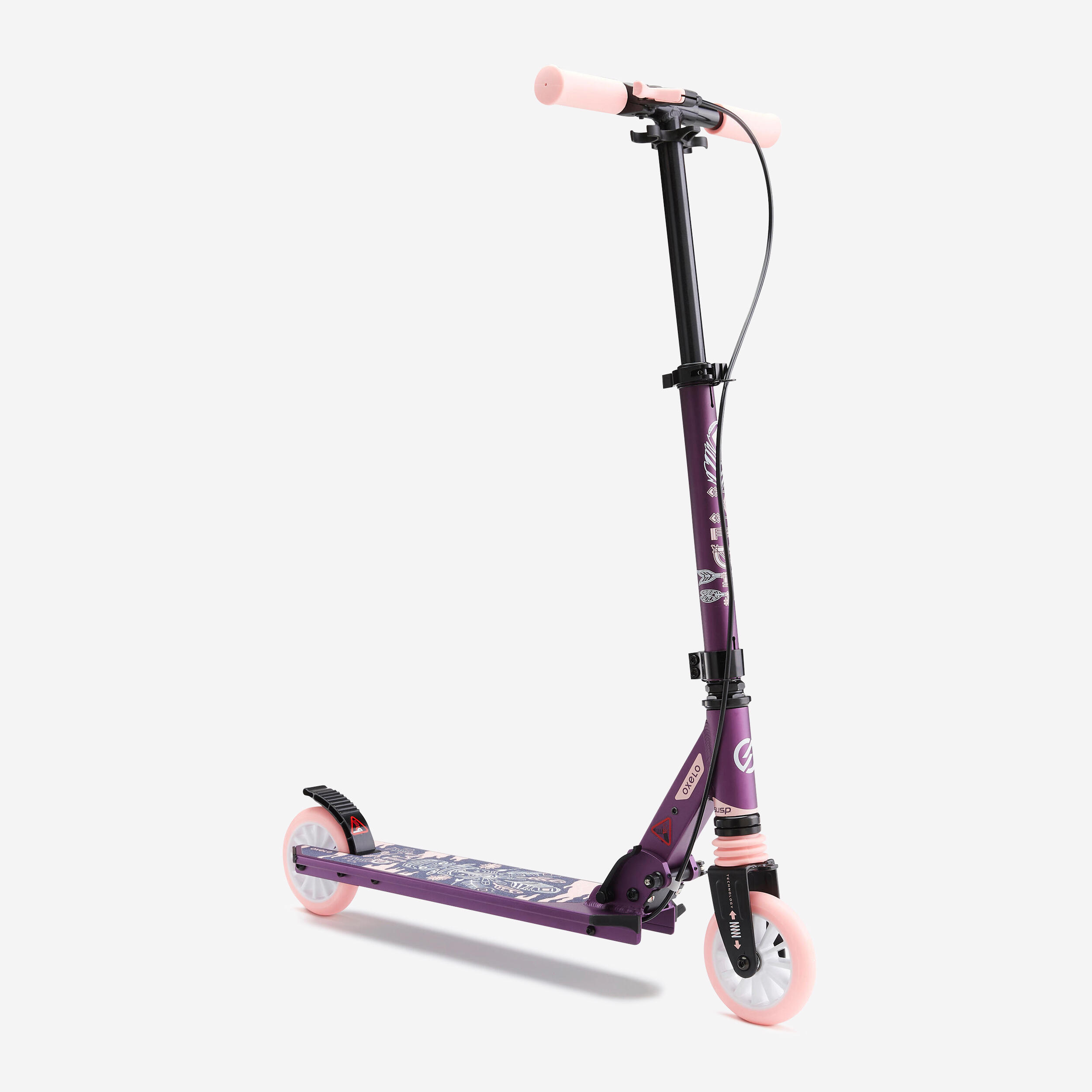 OXELO Mid 5 Kids' Scooter with Handlebar Brake and Suspension - Purple