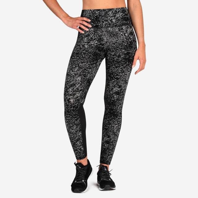 Sportleggings Damen mit hohem Taillenbund figurformend - schwarz gemustert