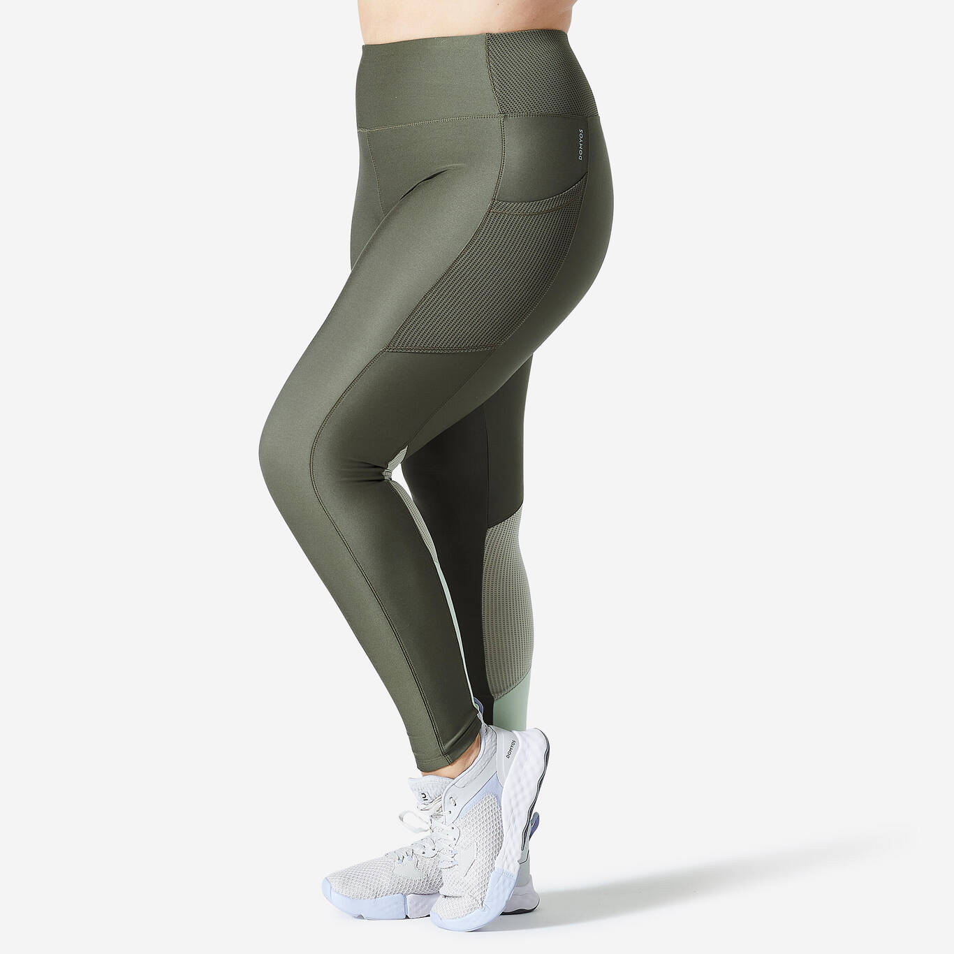 Legging Kardio Fitness Wanita dengan Saku Ponsel - Khaki/Hijau