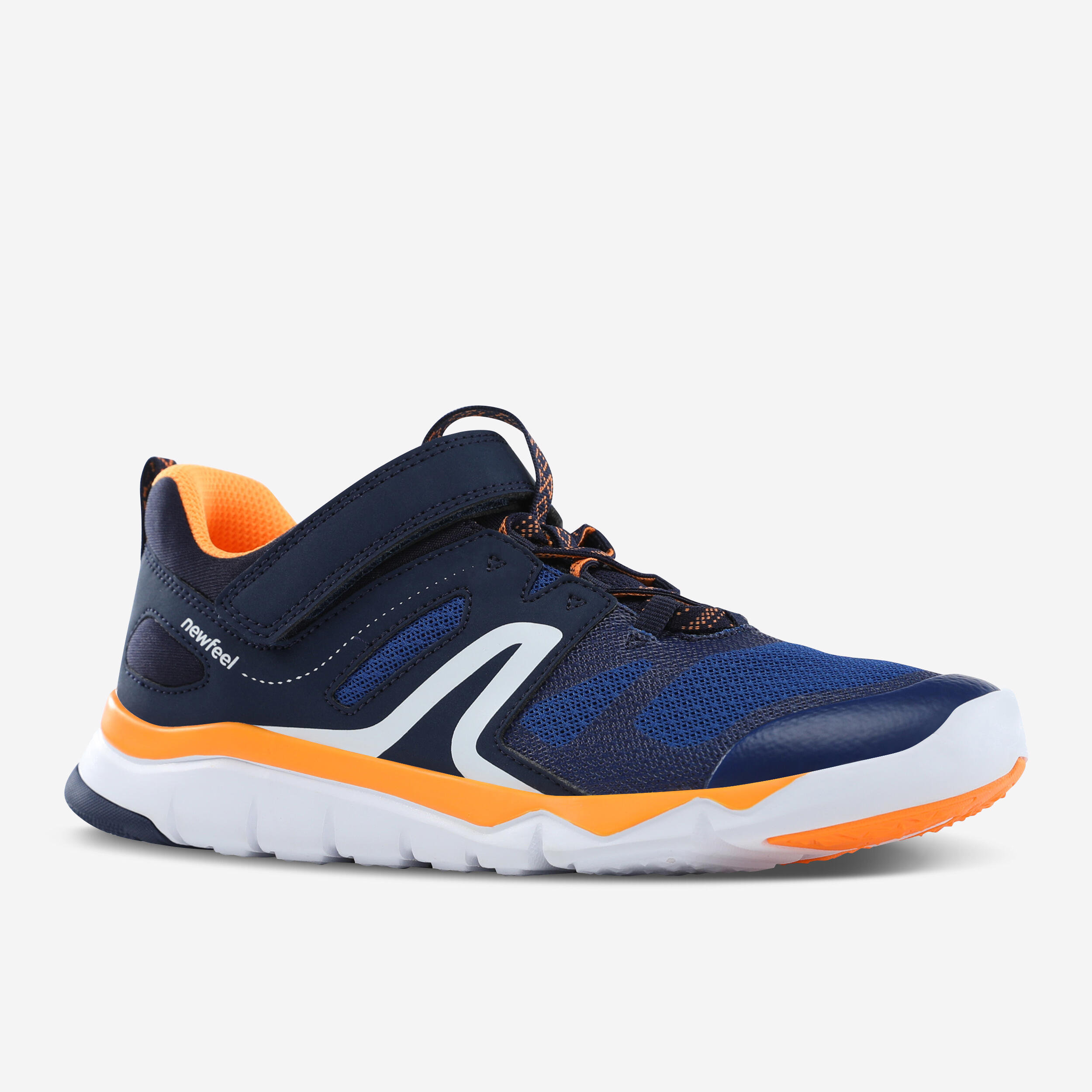 Kids' lightweight and breathable rip-tab trainers, blue/orange 1/4