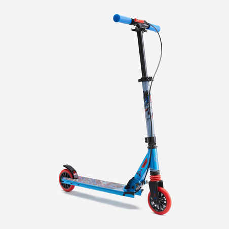 Kids' folding scooter with handlebar brake and suspension, blue