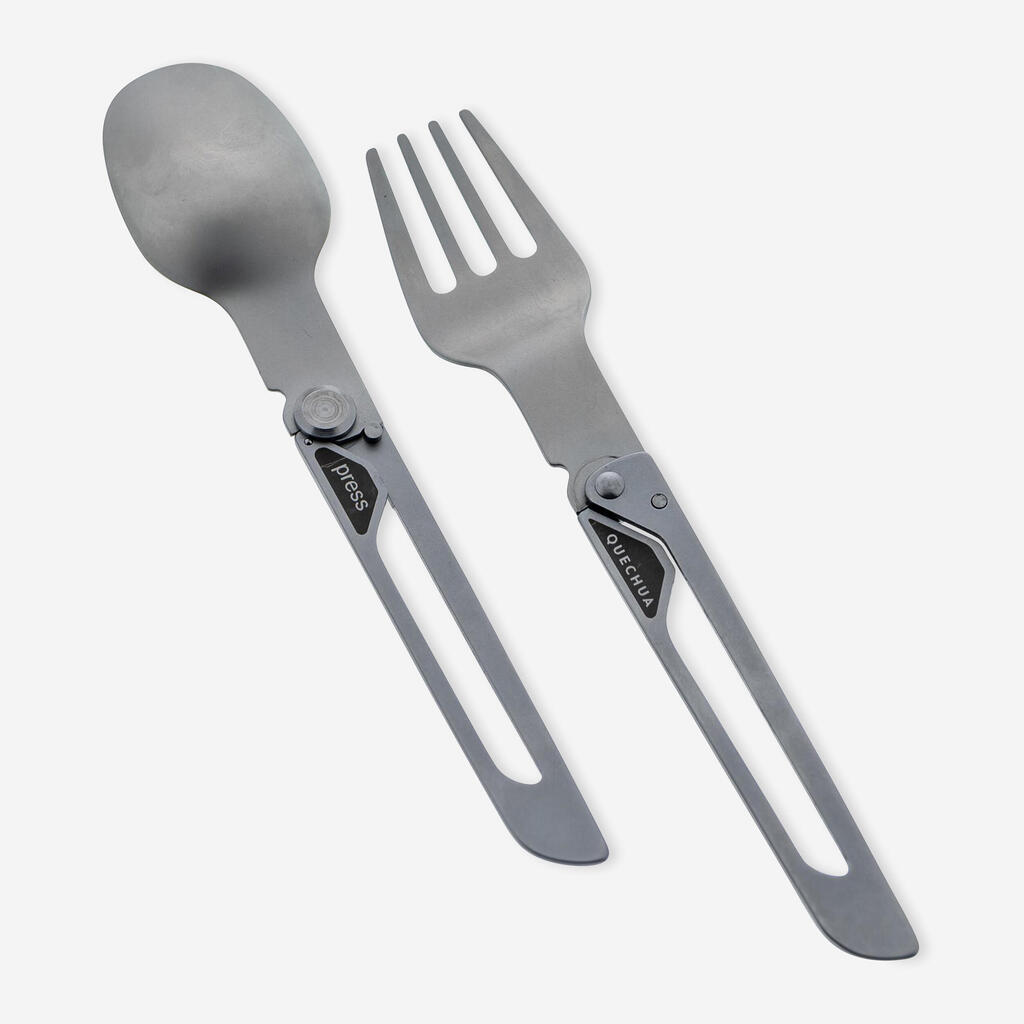 Set 2 couverts pliants 900, fourchette + cuillère, en acier inox pour le camping