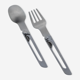 Set 2 couverts pliants 900, fourchette + cuillère, en acier inox pour le camping