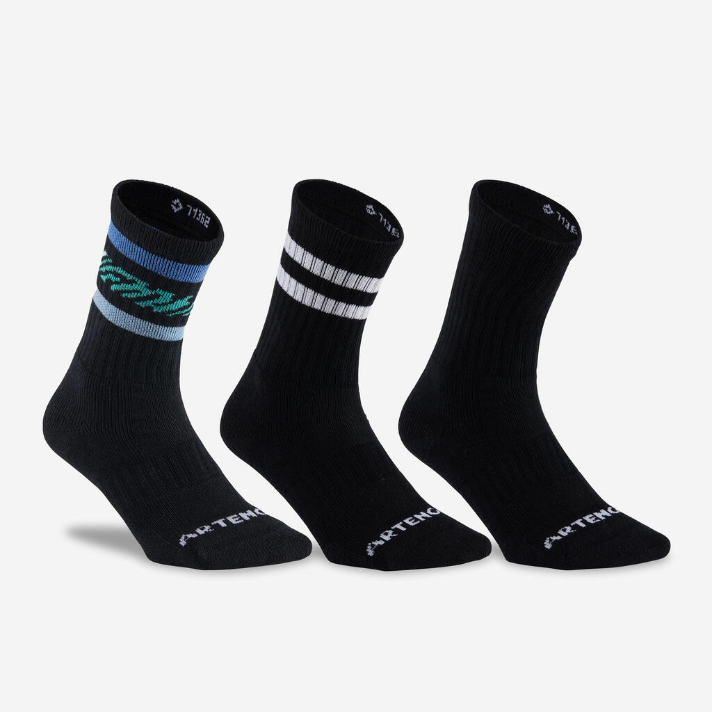 High Tennis Socks RS 500 Tri-Pack - Black/Stripes