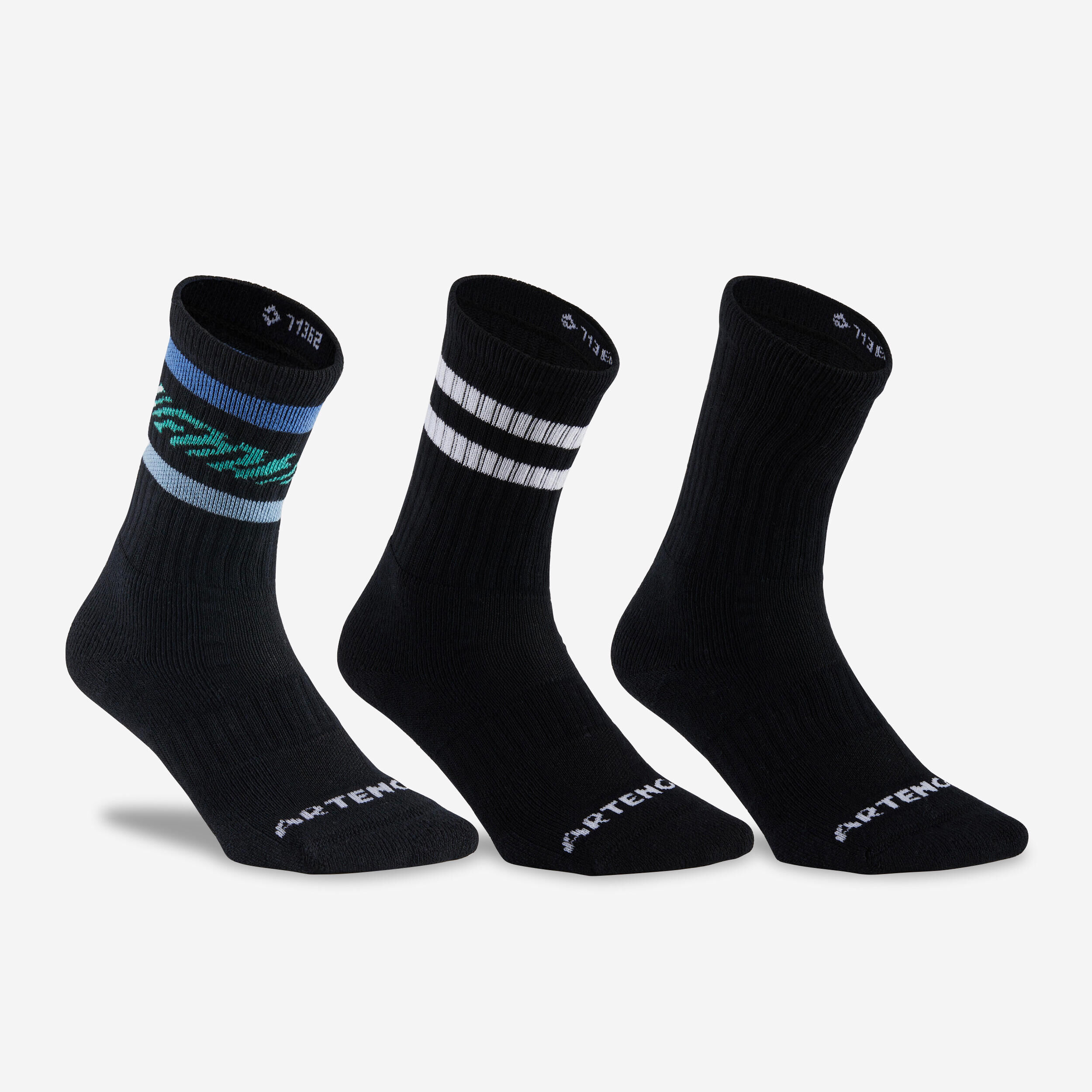 ARTENGO High Tennis Socks RS 500 Tri-Pack - Black/Stripes