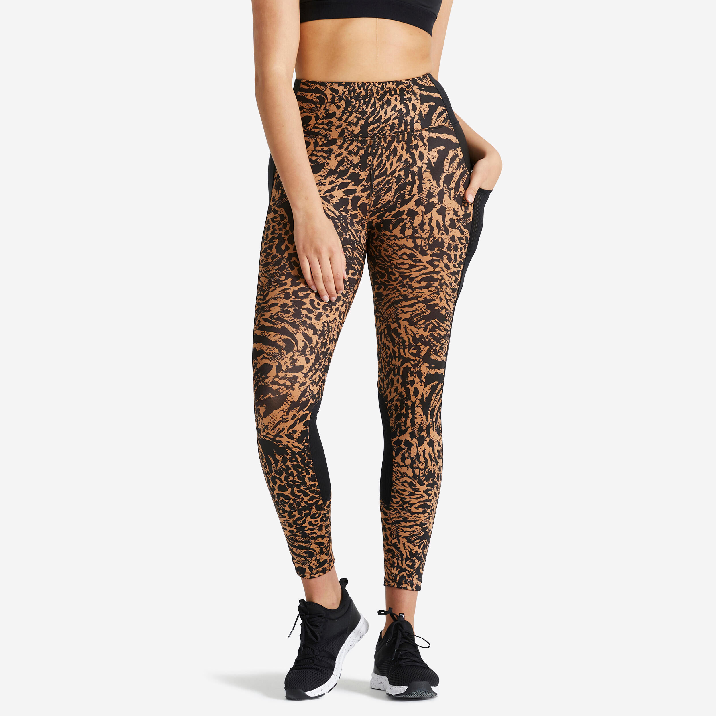 DOMYOS Women's phone pocket fitness high-waisted leggings, leopard print