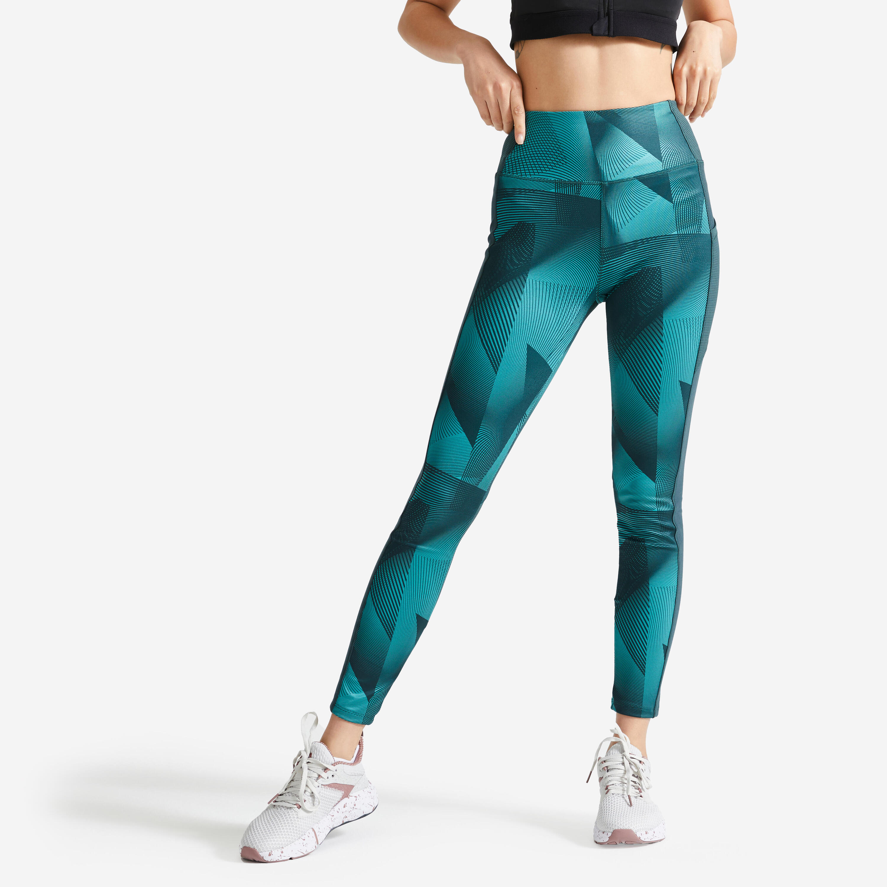 DOMYOS Women's phone pocket fitness high-waisted leggings, green print