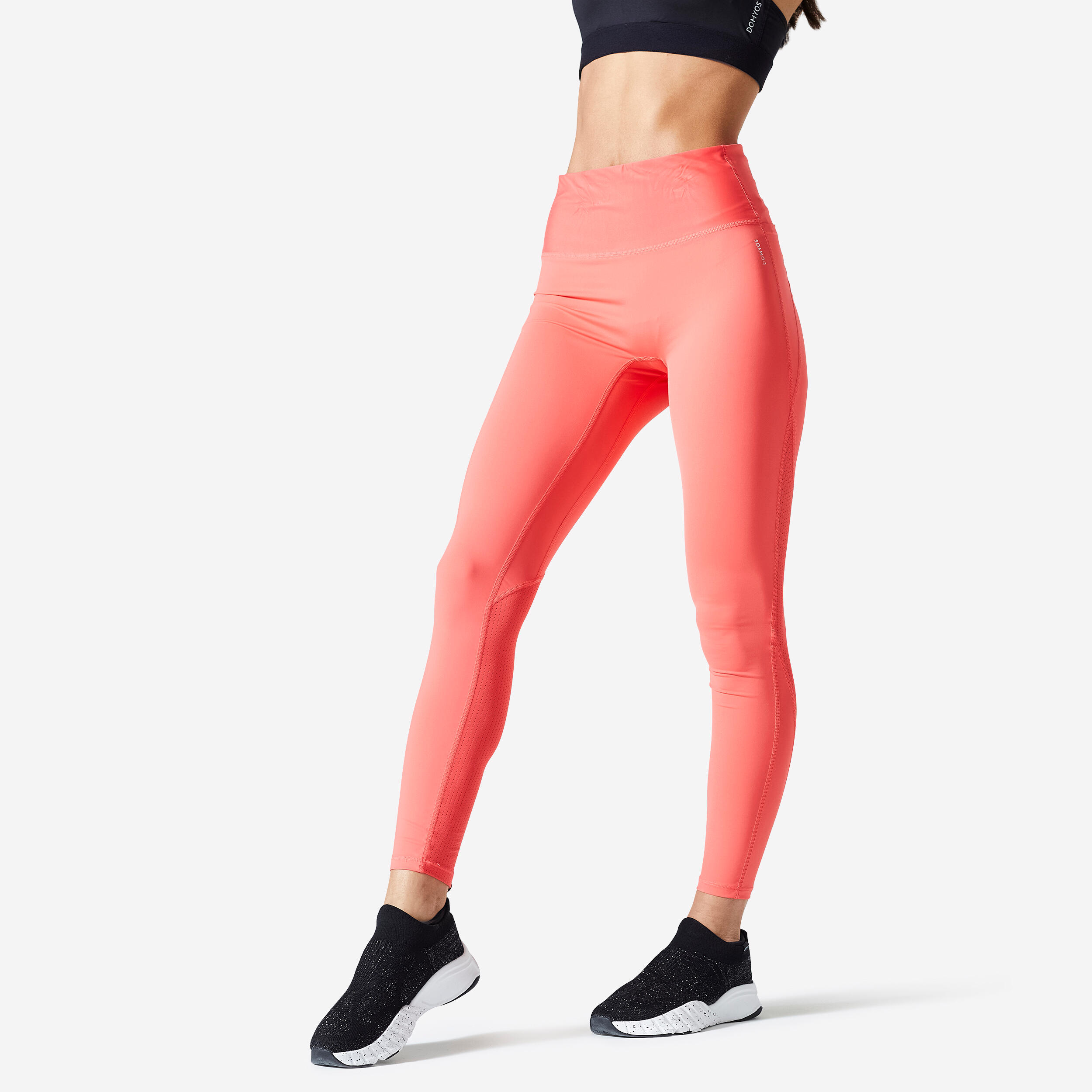 Women's shaping fitness cardio high-waisted leggings, coral DOMYOS