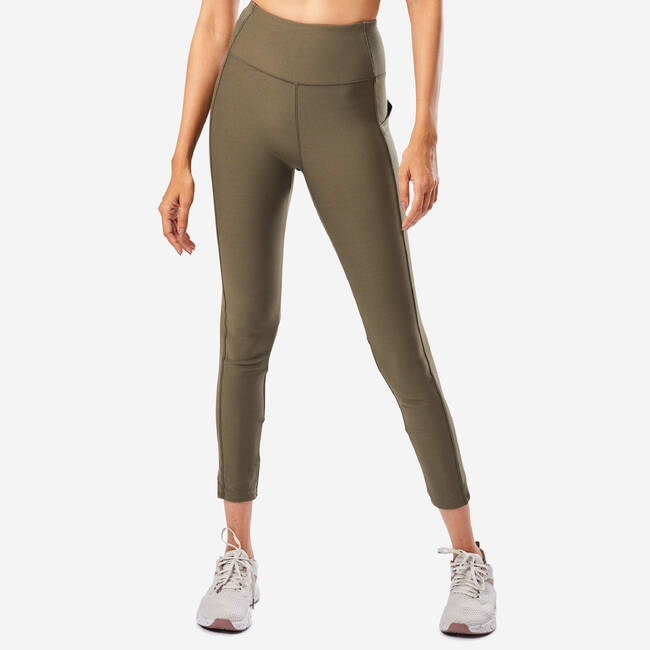 Women Gym Leggings Polyester With Phone Pocket - Khaki