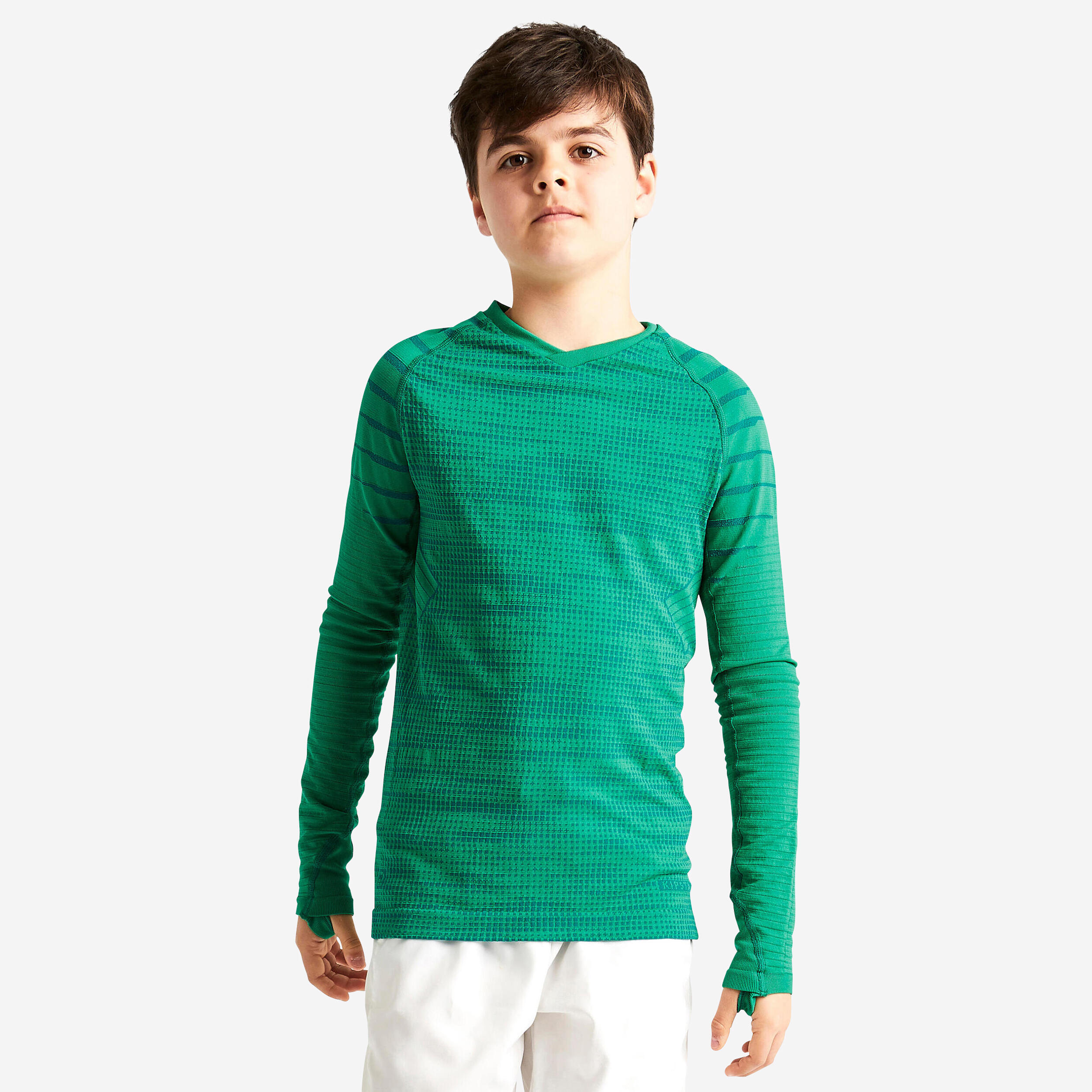 Kipsta Kids' Long-sleeved Thermal Base Layer Top Keepdry 500 - Green