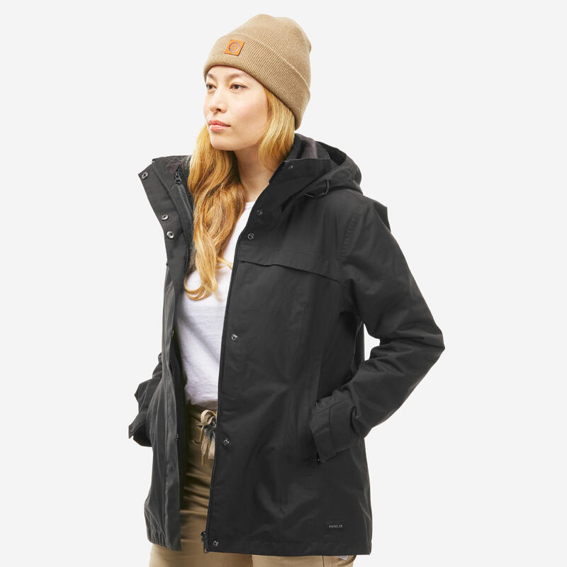 Geacă 3 în 1 Impermeabilă Trekking călătorie TRAVEL100  0°C Alb Damă