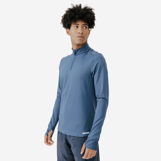 Men Running T-Shirt, Warm and Long-Sleeved, Run 100 Warm -Whale Grey