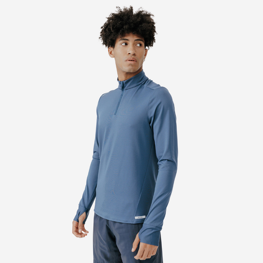 T-shirt zip chaud manches longues de running homme - kiprun run 100 warm bleu