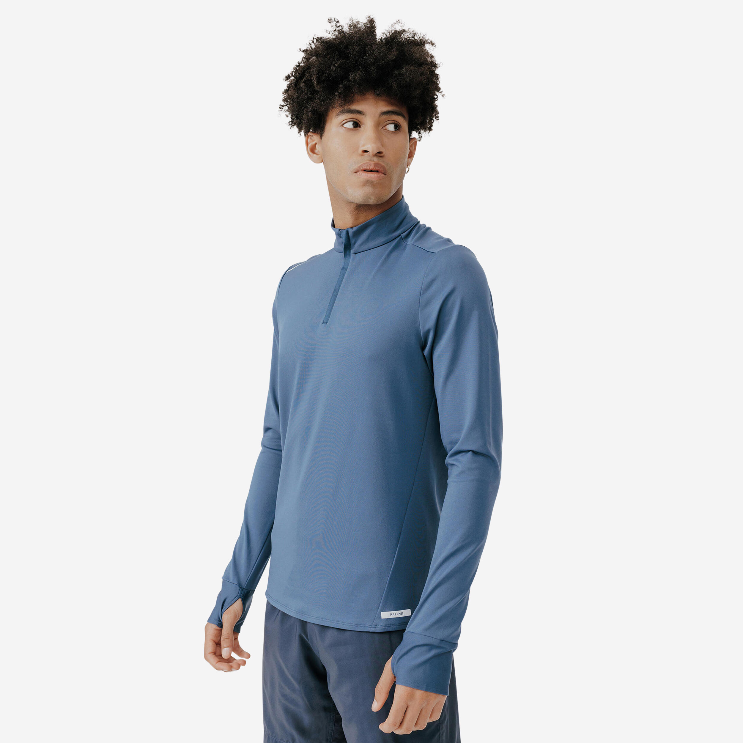 t-shirt zip chaud manches longues de running homme - kiprun run 100 warm bleu - kalenji