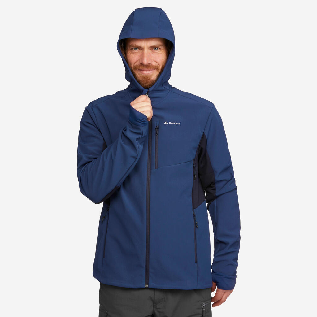 Vīriešu vējā silta softshell kalnu trekinga jaka “Trek 500 Windwarm”, zila