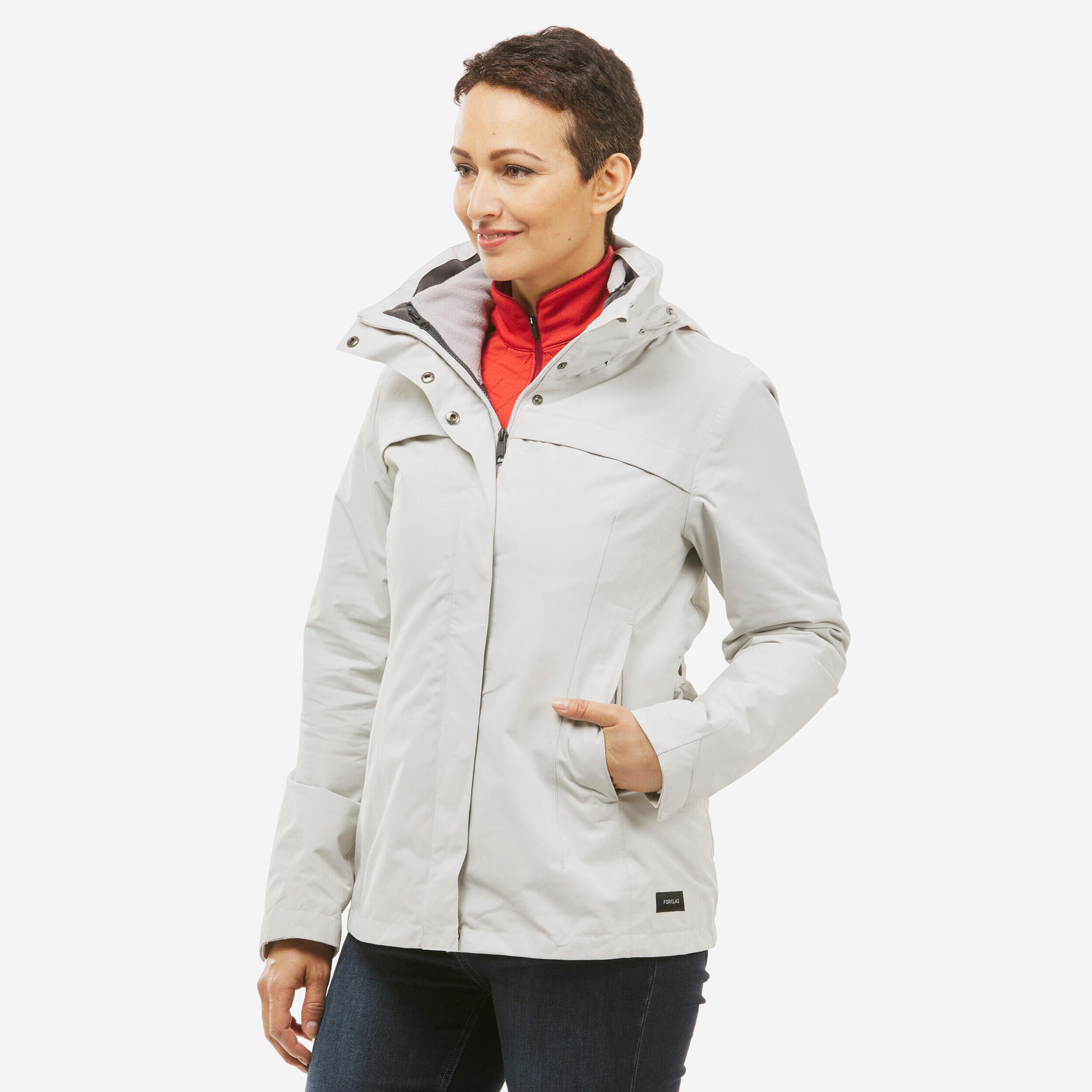 FORCLAZ Women's Travel Trekking Waterproof 3-in-1 Jacket - Travel 100  0°C White